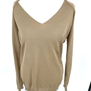 NOT SHY Women's Gold Shimmer V-neck Knit Top, Size L NWOT